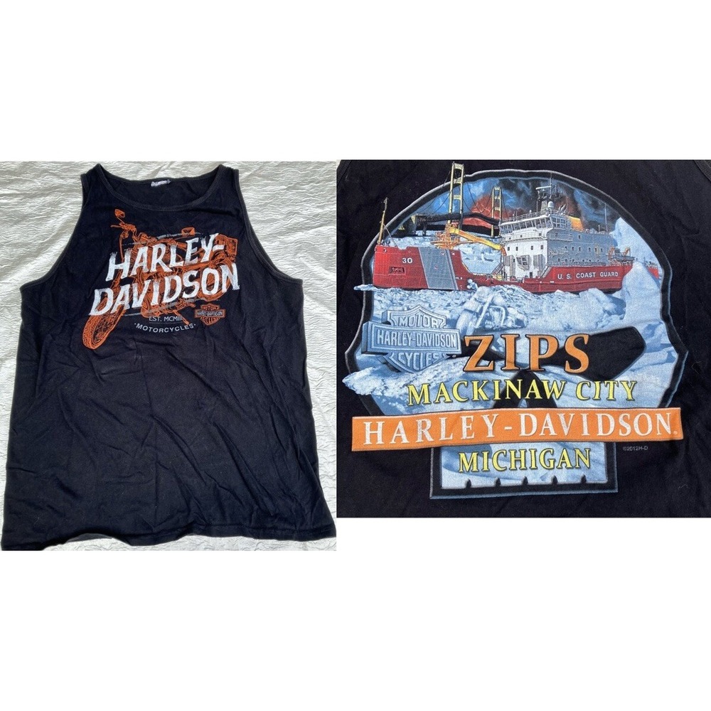 Harley-Davidson Tank Top Mens XL Black Zips Mackinaw City Michigan Coast Guard